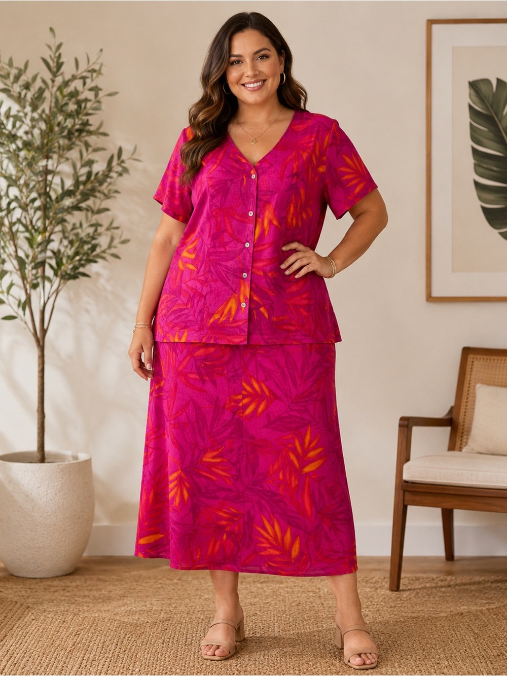 Vintage Valerie Stevens Tropical Print Two-Piece Skirt Set– Button Front Blouse